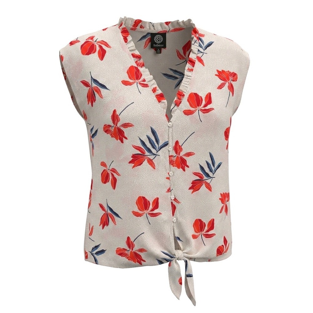 Bobeau Floral Tie Front Ruffle V-Neck Button Up Sleeveless Blouse Tan Red S